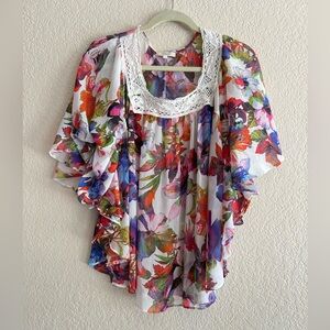 Floral Multicolor Women's Top with Crochet Detail